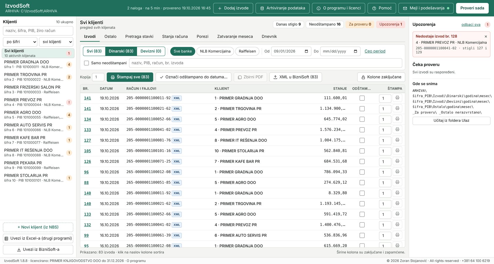 IzvodSoft: spisak klijenata, izvodi koji su stigli danas i upozorenje da nedostaje izvod